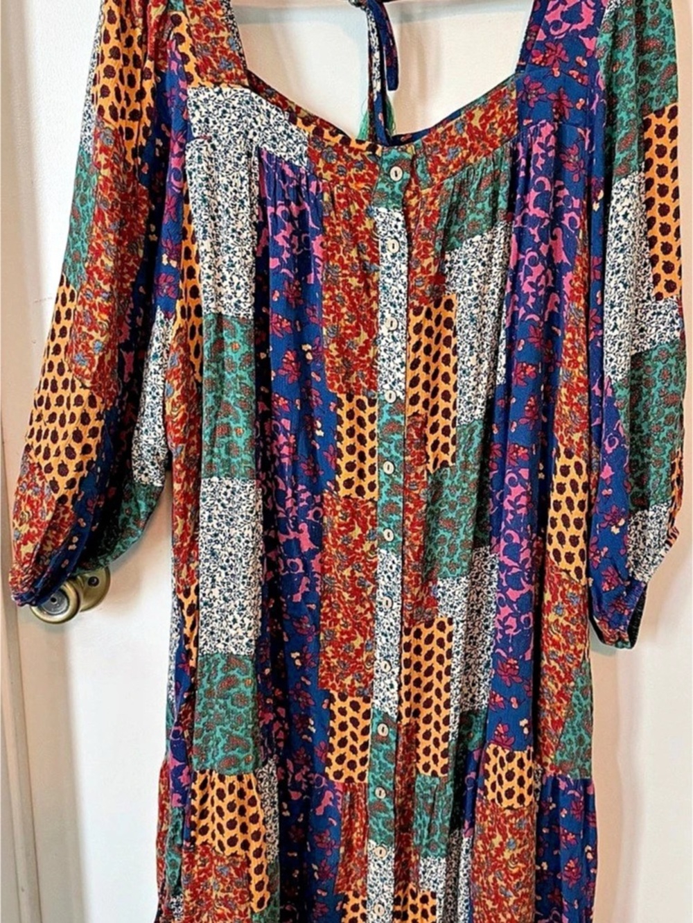 Easel 1X Boho Patchwork Floral Button Front Midi Dress Pockets